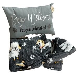 Dogs Welcome People Tolerated Decor Pillow & Super Soft Dog Print Throw